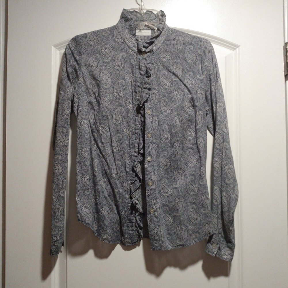 Navy Paisley Patterned Long Sleeve Button Up Blouse